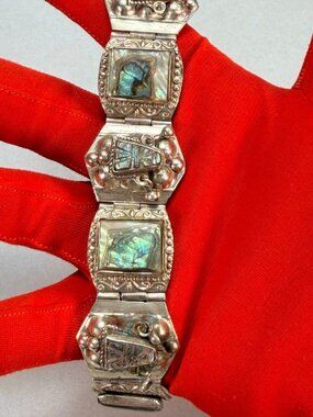 1950's Hecho En Mexico DF MAP Abalone Panel Bracelet w/ Aztec Mask Design